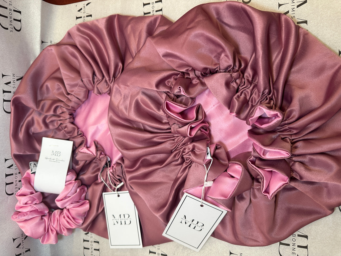 Pink Pearl satin reversible bonnets