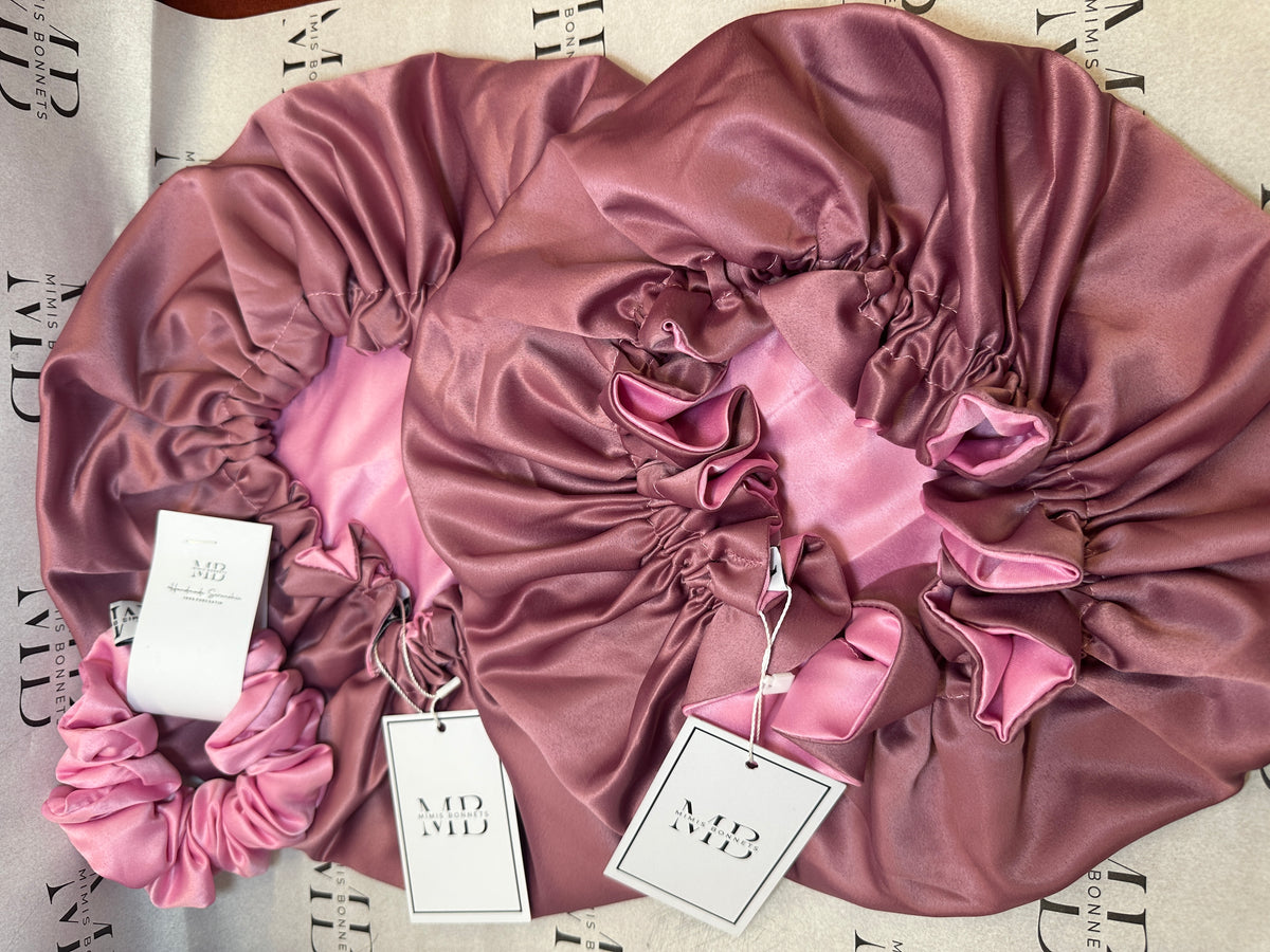 Pink Pearl satin reversible bonnets