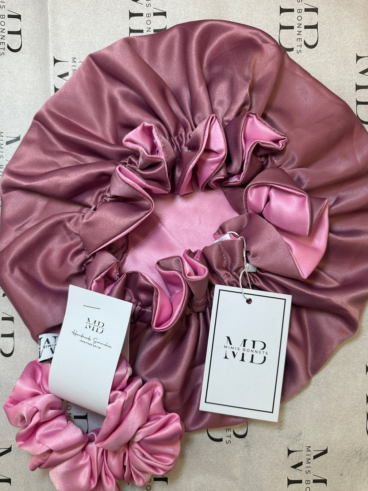 Pink Pearl satin reversible bonnets