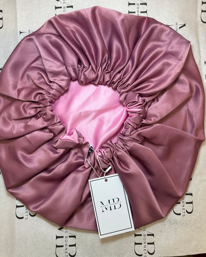 Pink Pearl satin reversible bonnets