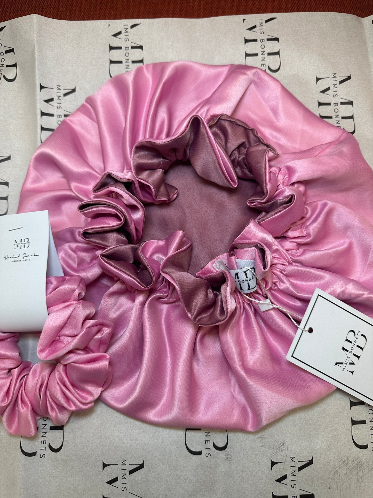 Pink Pearl satin reversible bonnets