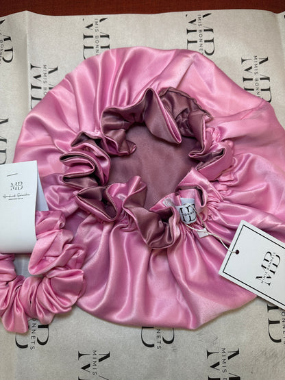 Pink Pearl satin reversible bonnets