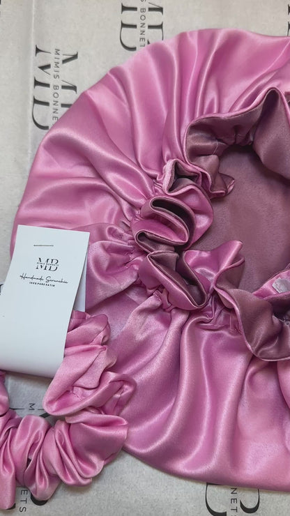 Pink Pearl satin reversible bonnets