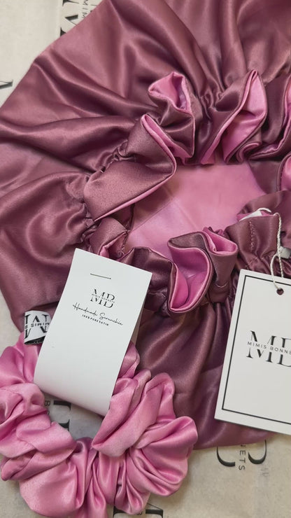 Pink Pearl satin reversible bonnets