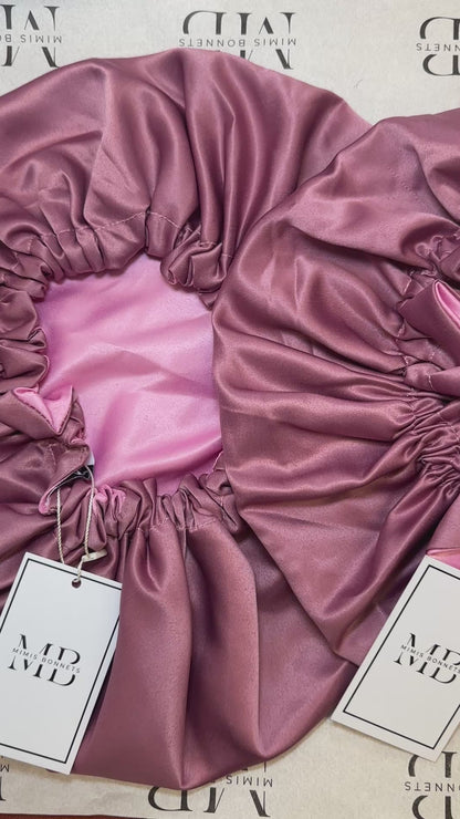 Pink Pearl satin reversible bonnets